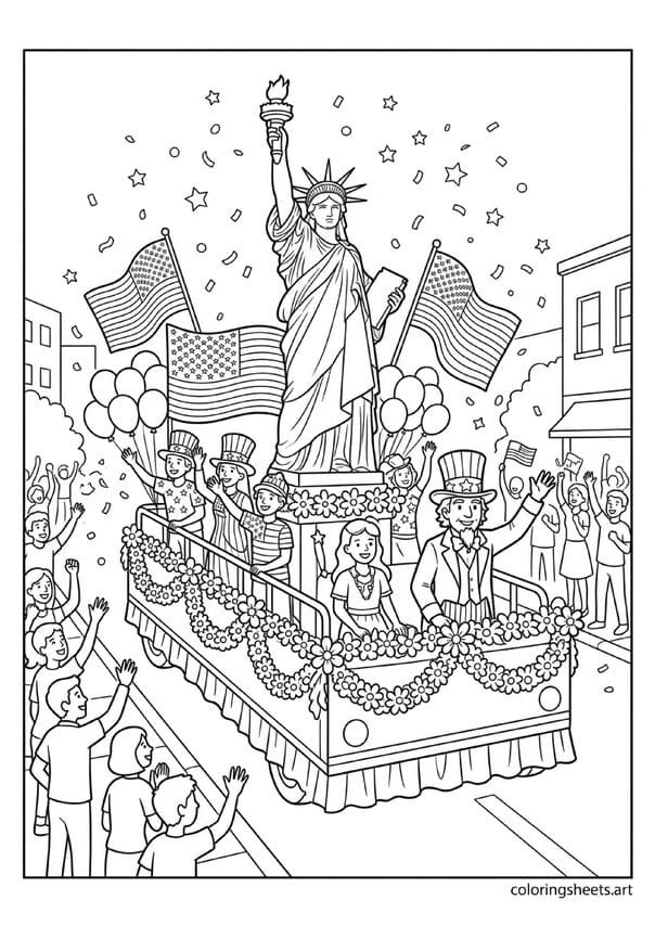 Festive 4th of July parade float with Statue of Liberty replica Uncle Sam waving balloons flags confetti and cheering crowd coloring page — free printable PDF
