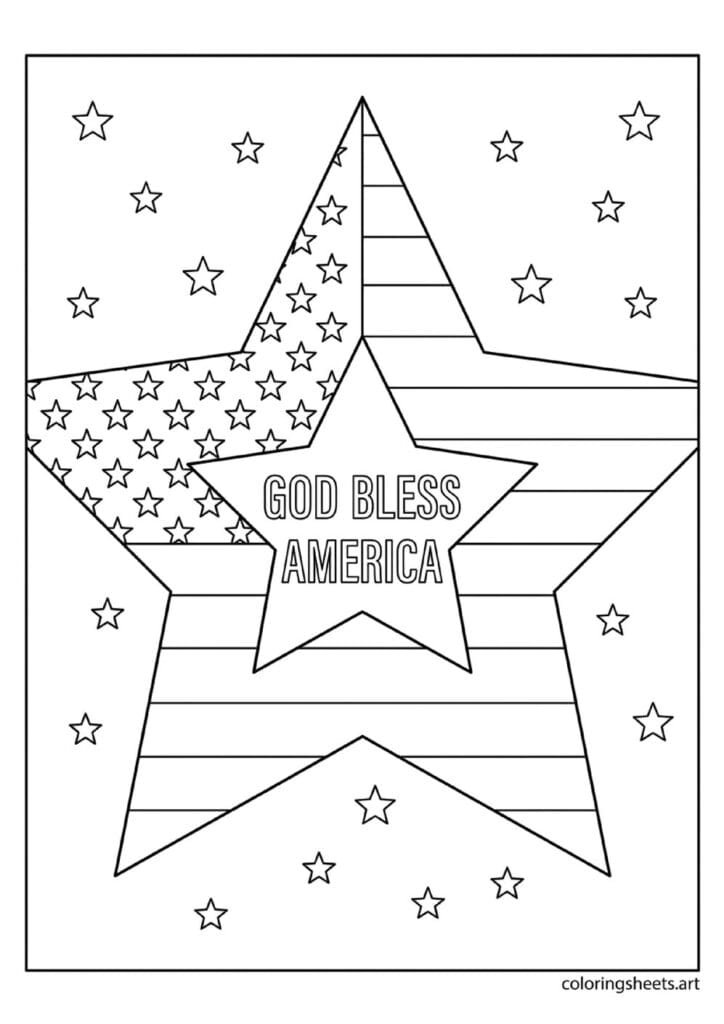 Large five-pointed star filled with stars and stripes flag pattern and God Bless America text in center with small stars around outside 4th of July coloring page — free printable PDF