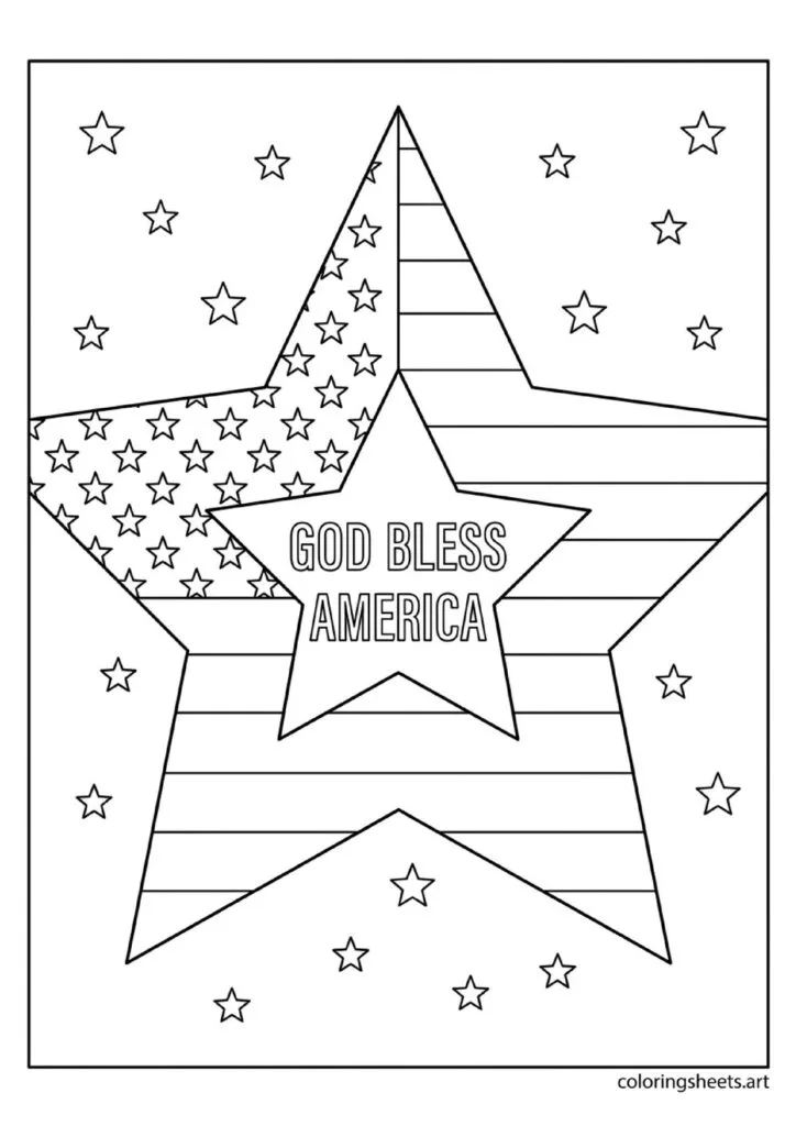 Large five-pointed star filled with stars and stripes flag pattern and God Bless America text in center with small stars around outside 4th of July coloring page — free printable PDF