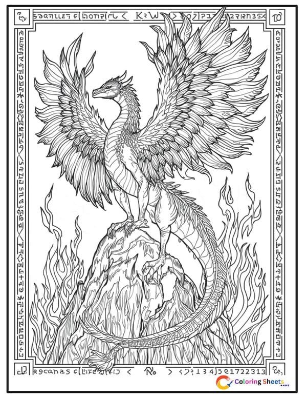 Adult coloring page of a mythical phoenix-dragon hybrid creature with feathered fire wings and detailed dragon scales standing on a mountain