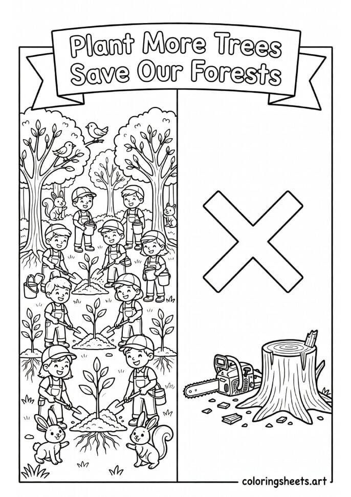 Community planting trees with Plant More Trees Save Our Forests banner and animals celebrating Earth Day coloring page — free printable PDF