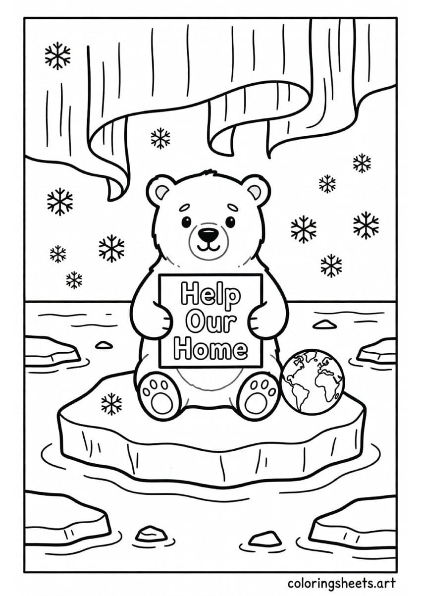 Cute polar bear on ice floe holding Help Our Home sign with Earth globe Earth Day coloring page for kids — free printable PDF