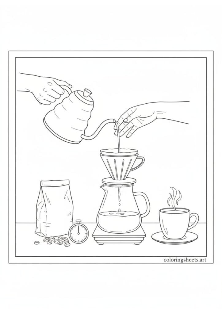 Hands pouring gooseneck kettle into pour-over dripper glass carafe dripping stream kitchen scale timer coffee beans open bag waiting mug coloring page — free printable PDF