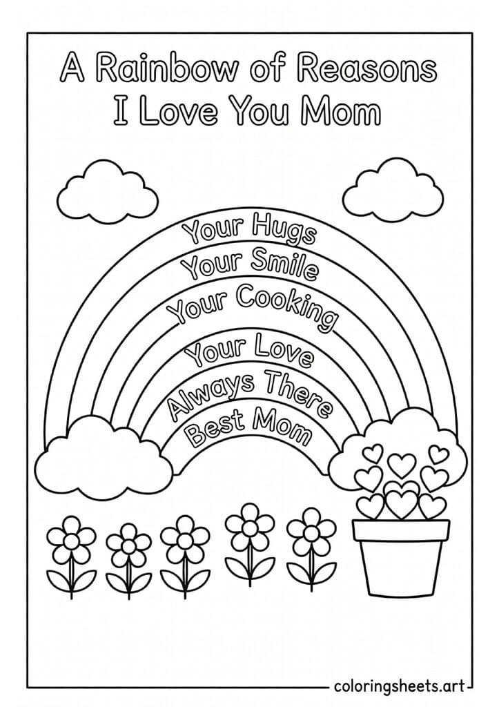 Rainbow with different reasons I love Mom written in each band with flowers and pot of hearts Mothers Day coloring page for kids — free printable PDF