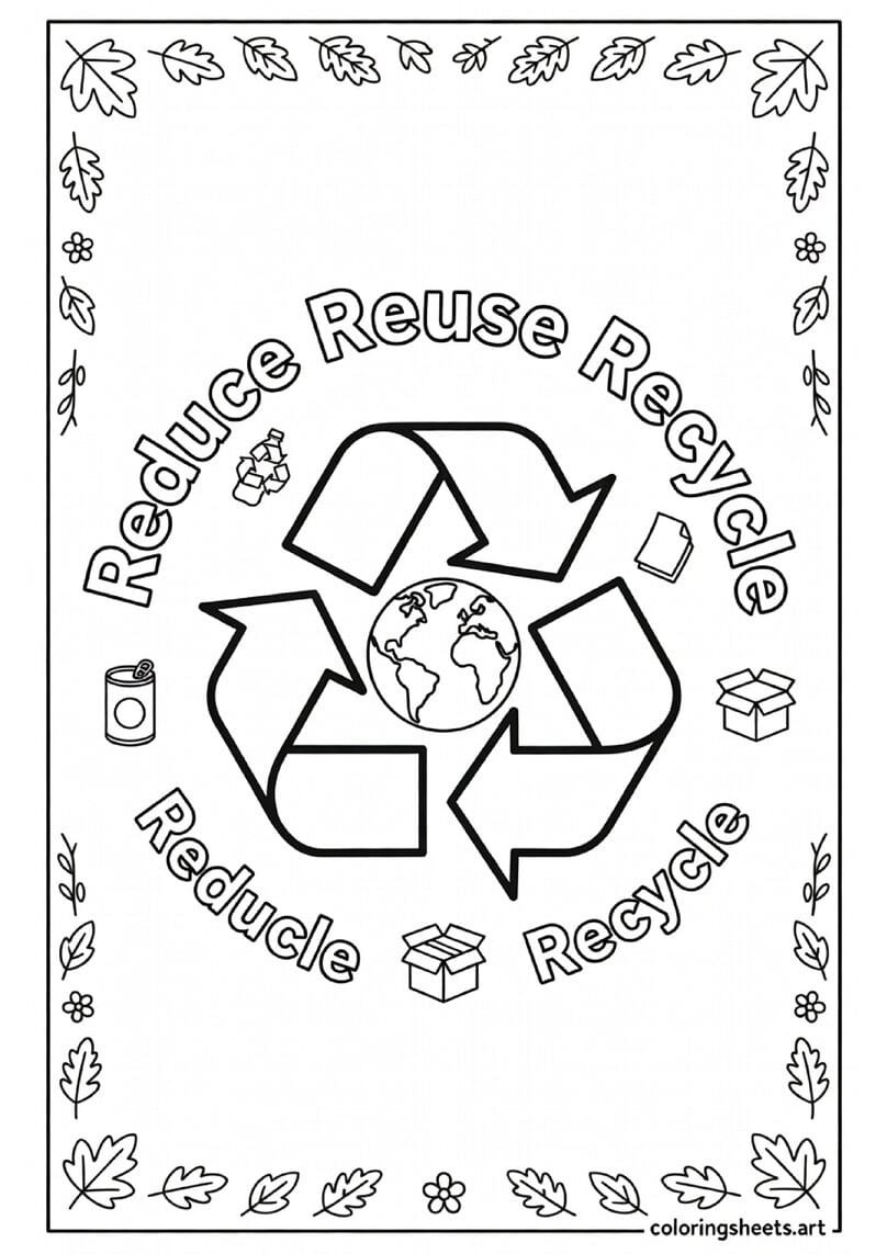 Recycling symbol with Earth globe in center and reduce reuse recycle text Earth Day coloring page for kids — free printable PDF