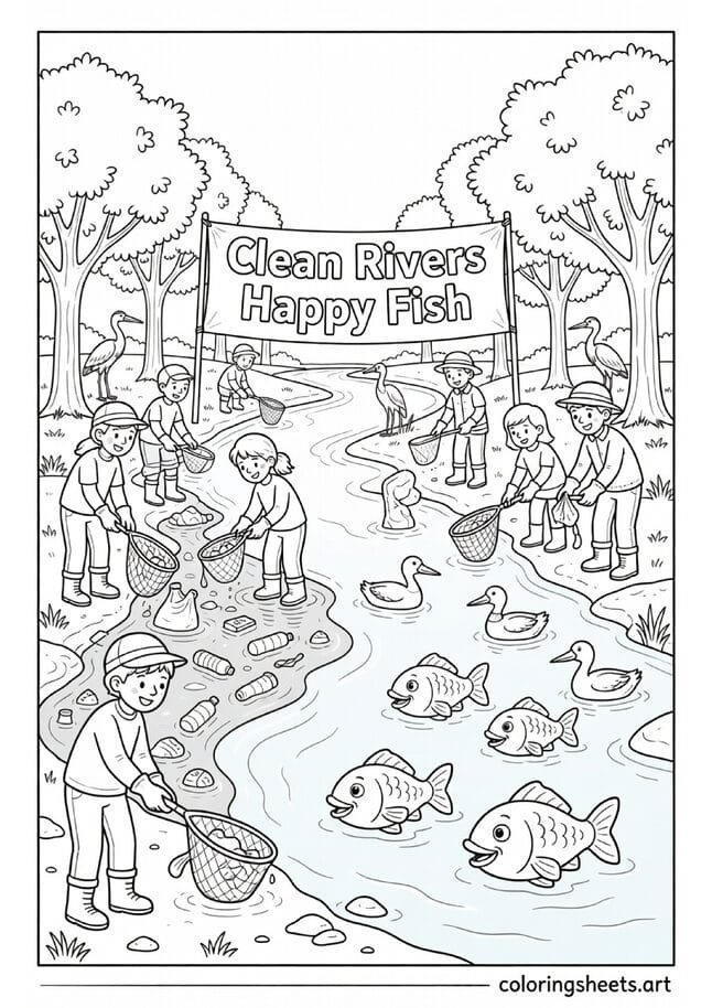 Community river cleanup scene with volunteers fish ducks and Clean Rivers Happy Fish banner Earth Day coloring page — free printable PDF