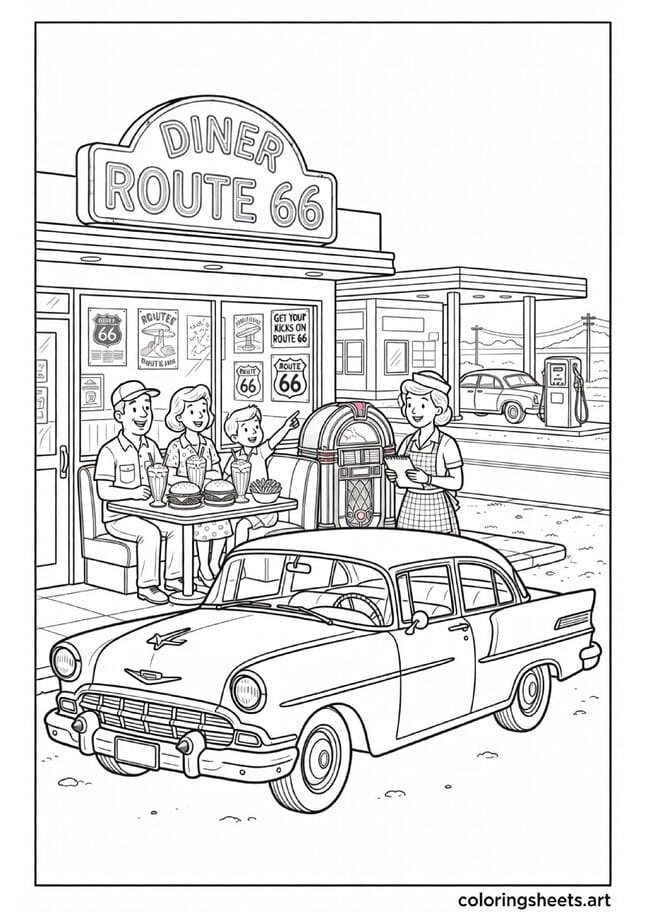 Classic American retro roadside diner with family eating burgers fries milkshakes waitress jukebox and Route 66 memorabilia summer coloring page — free printable PDF