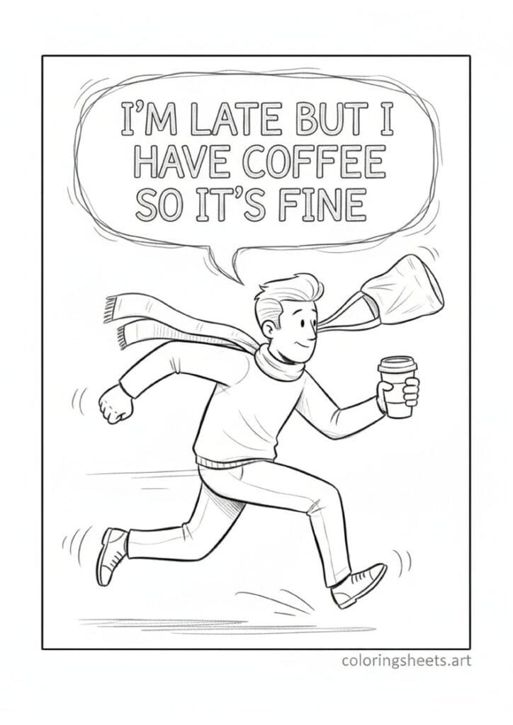 Cartoon person running late travel coffee cup flying bag blowing hair speech bubble I'm Late But I Have Coffee So It's Fine coloring page
