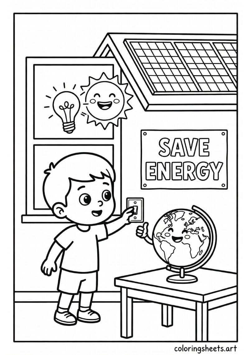 Child turning off light switch to save energy with solar panels and happy Earth globe Earth Day coloring page — free printable PDF