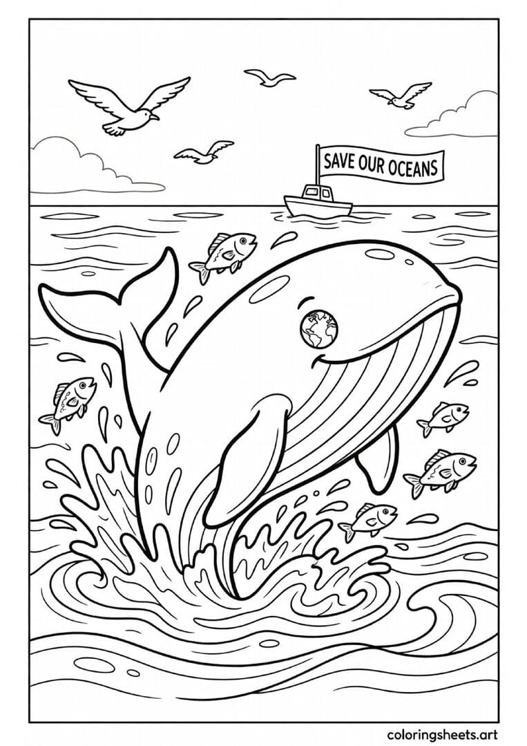 Majestic blue whale breaching ocean surface with Save Our Oceans banner boat Earth Day coloring page for kids — free printable PDF