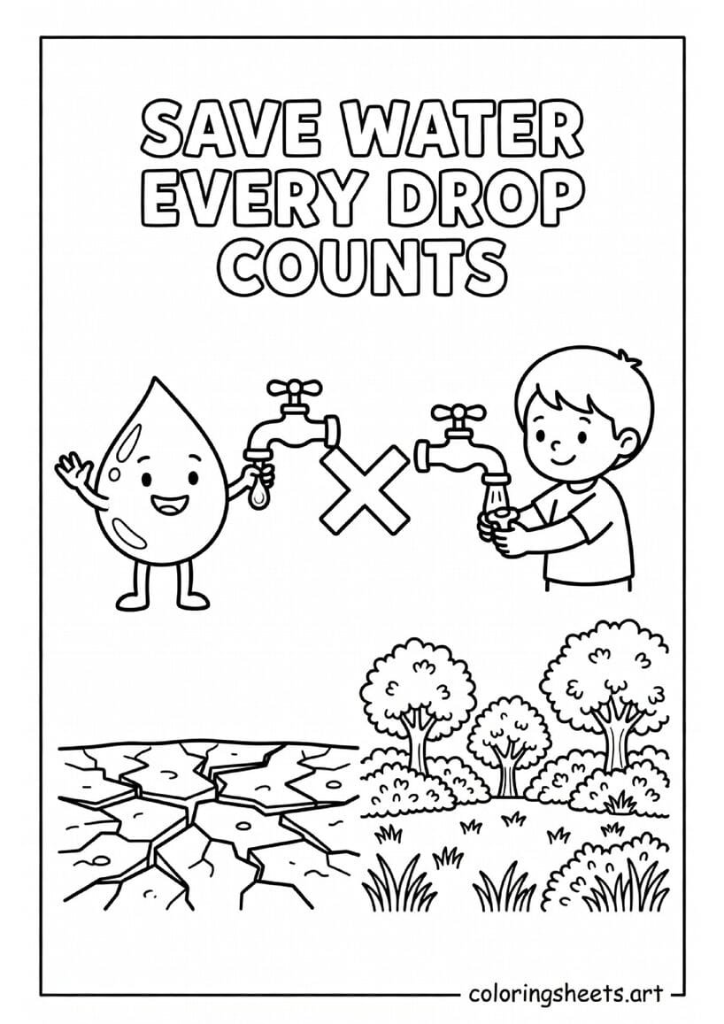 Cartoon water drop character teaching child to turn off tap Save Water Every Drop Counts Earth Day coloring page — free printable PDF