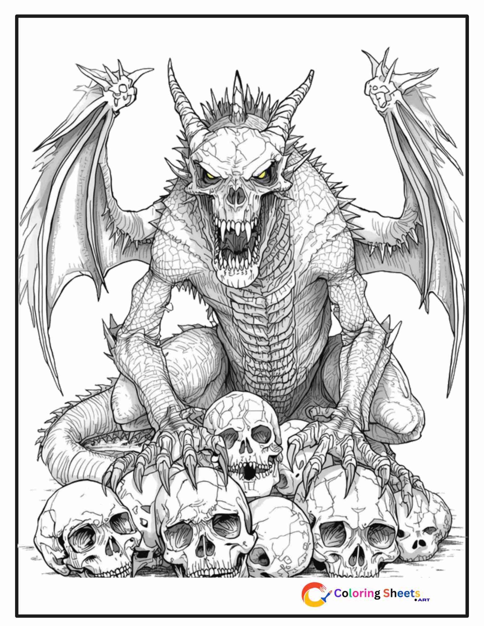 Scary black and white coloring page of a skull-faced realistic dragon with hollow eyes and jagged teeth crouching over a pile of skulls