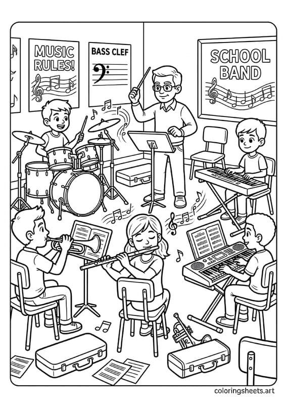 American school band practice with kids playing trumpet drum flute trombone keyboard and band director conducting music notes floating back to school coloring page — free printable PDF