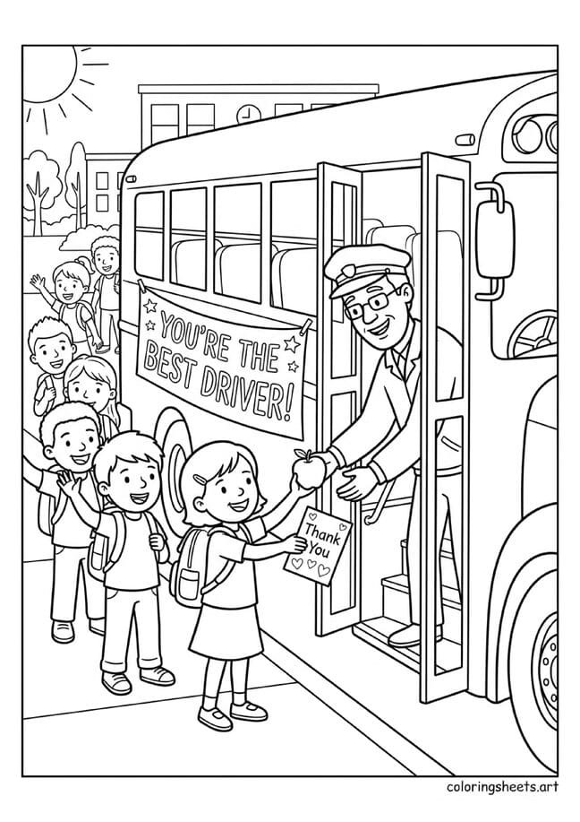 Kids giving school bus driver apple and thank you card You're the Best Driver banner back to school coloring page for kids — free printable PDF