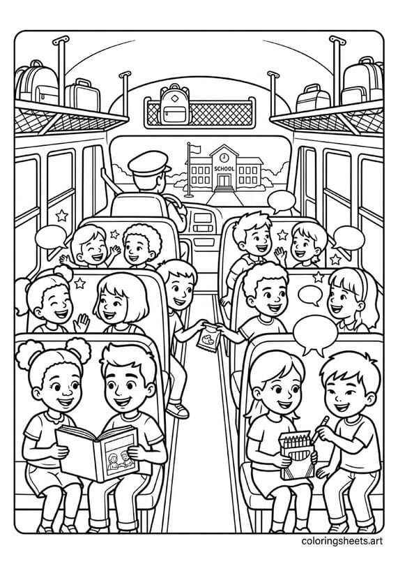 Diverse group of American kids sharing snacks and chatting excitedly inside school bus with school visible through window coloring page — free printable PDF