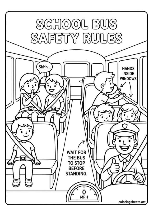 Educational school bus safety coloring page with kids in seatbelts following rules and bus driver giving thumbs up back to school — free printable PDF