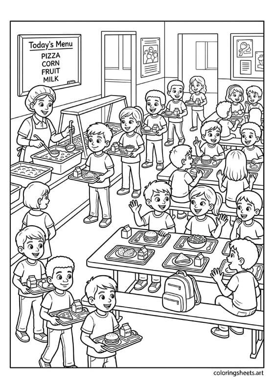 Lively American school cafeteria with kids in lunch line cafeteria worker serving trays Today's Menu sign and friends at tables back to school coloring page — free printable PDF