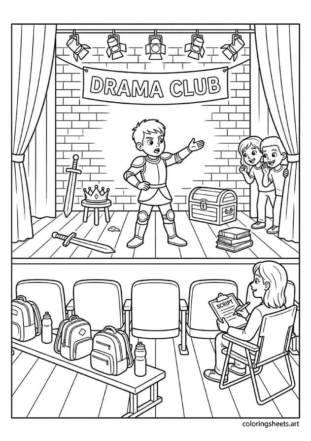 American school drama club rehearsal with kids in costumes on stage drama teacher with script Drama Club banner and stage lights back to school coloring page — free printable PDF