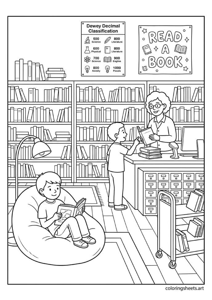 Cozy American school library with bookshelves child in bean bag librarian helping and Read a Book poster back to school coloring page — free printable PDF