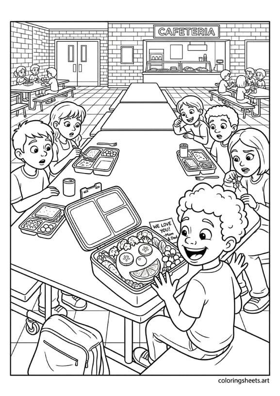 Kid amazed by elaborate smiley face lunch in lunchbox with love note while jealous classmates look on in school cafeteria back to school coloring page — free printable PDF