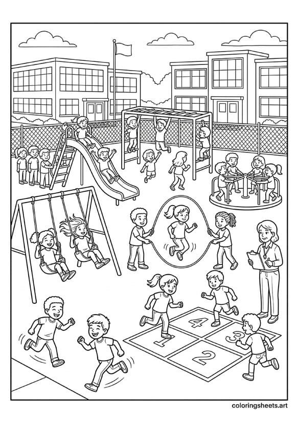 American school recess playground with kids on swings slide monkey bars jump rope and four square games with school building visible back to school coloring page — free printable PDF