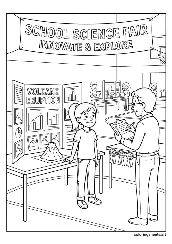 American school science fair with student beside project display board judge with clipboard ribbon prizes and science fair banner back to school coloring page — free printable PDF