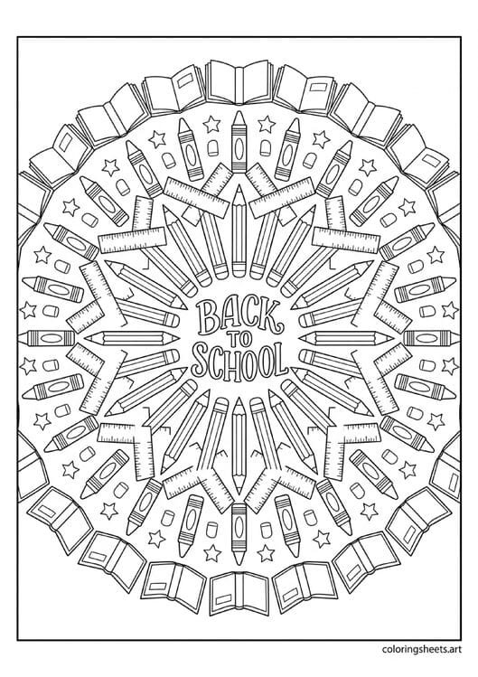 Creative school supply mandala with pencils rulers crayons erasers books in circular pattern Back to School center coloring page — free printable PDF