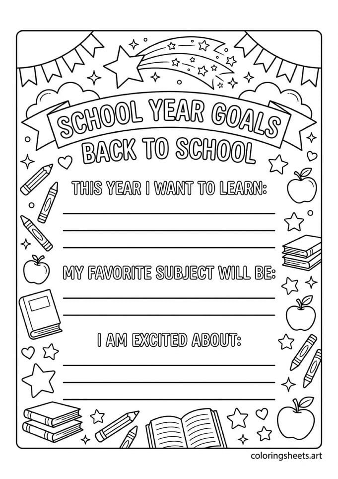 School year goals activity coloring page with writing lines for goals favorite subject and excited plans with pencils stars and shooting star design — free printable PDF