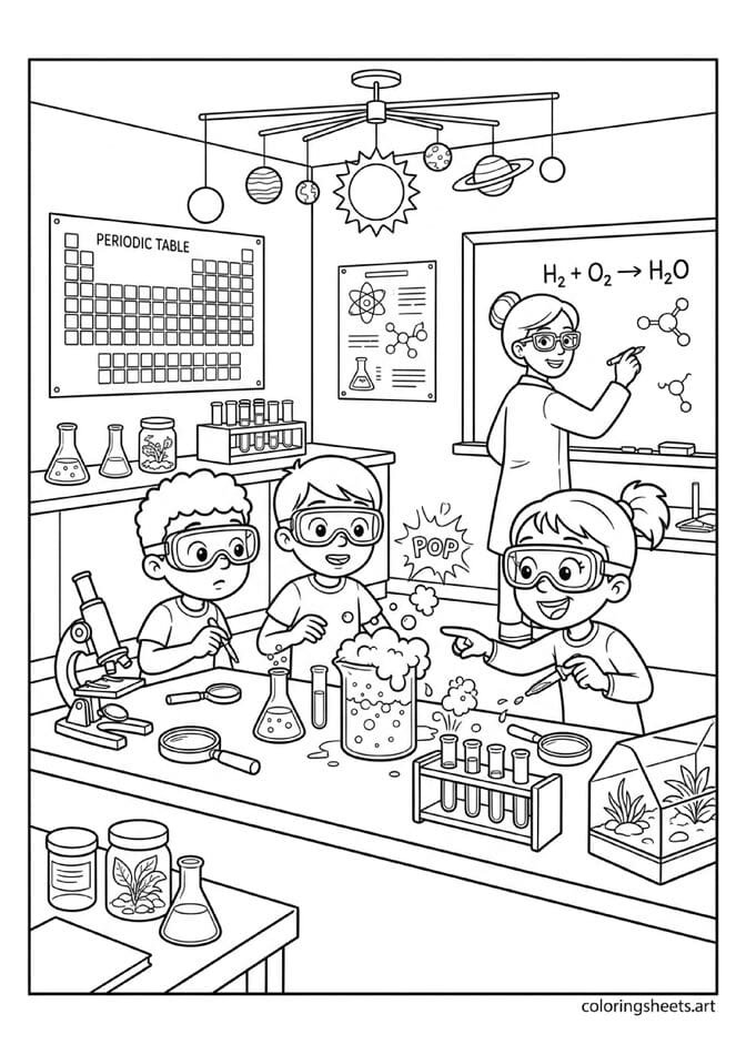 American school science lab with kids in safety goggles doing experiment periodic table solar system model and teacher back to school coloring page — free printable PDF