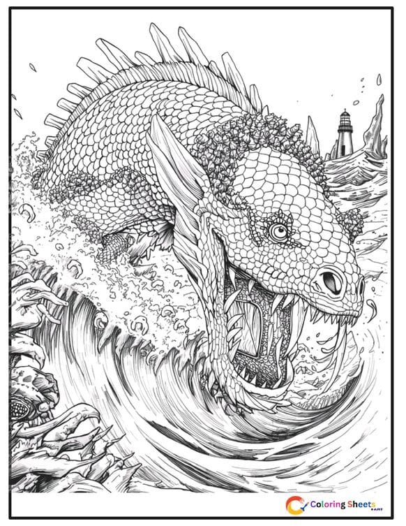 Black and white adult coloring page of a mythical sea serpent dragon emerging from ocean waves near a lighthouse with detailed scales and fins