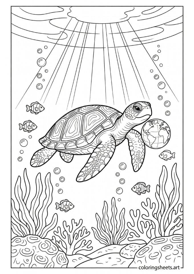 Sea turtle swimming in clean ocean holding Earth globe with fish and coral Earth Day coloring page for kids — free printable PDF