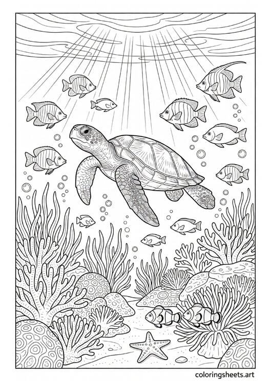 Sea turtle swimming through coral reef with tropical fish starfish clownfish and sunlight rays summer ocean coloring page — free printable PDF
