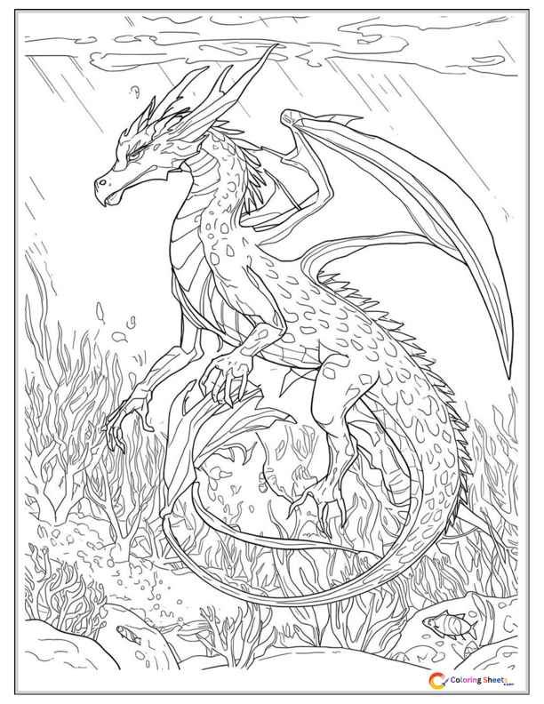 Wings of Fire inspired SeaWing dragon coloring page of a webbed-fin dragon with bioluminescent spots swimming through an underwater coral reef