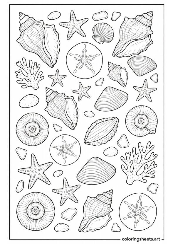 Collection of American beach seashells starfish sand dollars conch and spiral shells with pebbles and sea glass summer coloring page — free printable PDF