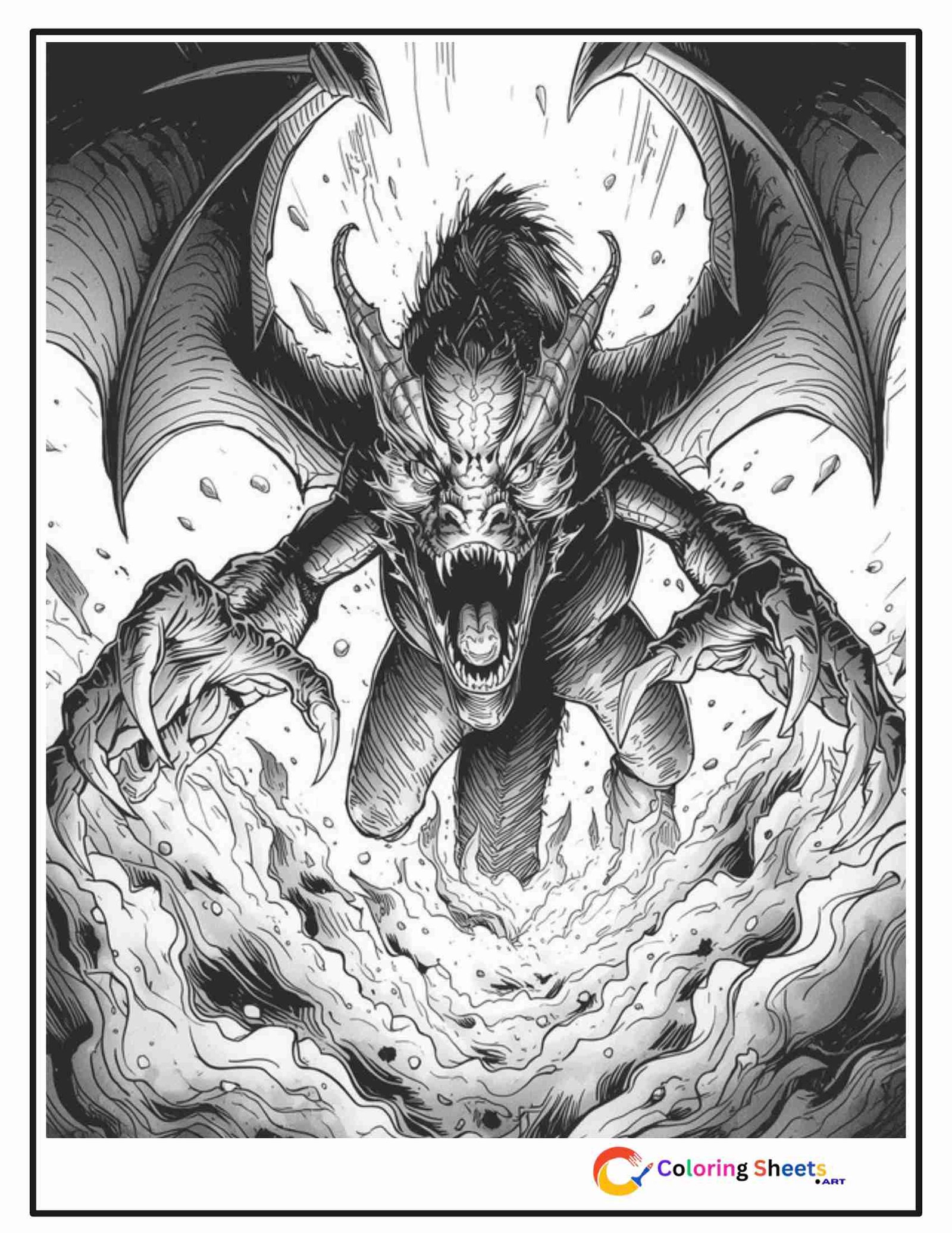 Scary black and white coloring page of a massive realistic dragon emerging from dark fog with glowing eyes, open jaws, and outstretched claws