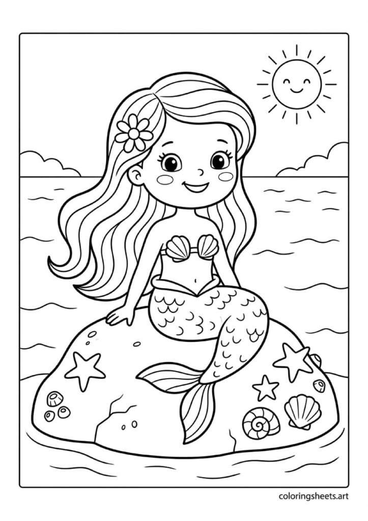 Simple cartoon mermaid sitting on rock coloring page, smiling sun and shells, free printable PDF.