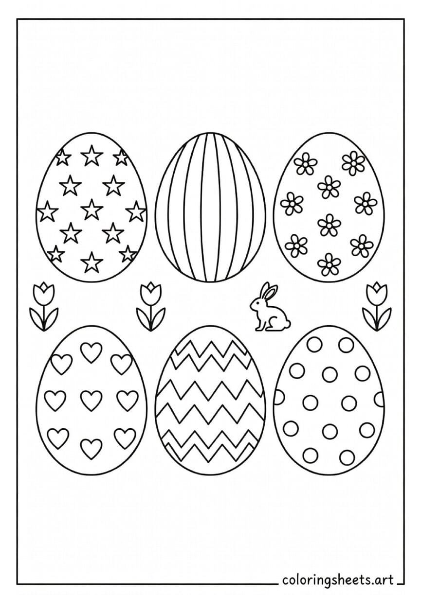 Six eggs, six totally different patterns! This Easter egg variety coloring sheet gives kids the chance to explore stars, stripes, hearts, flowers, and more on one fun page.