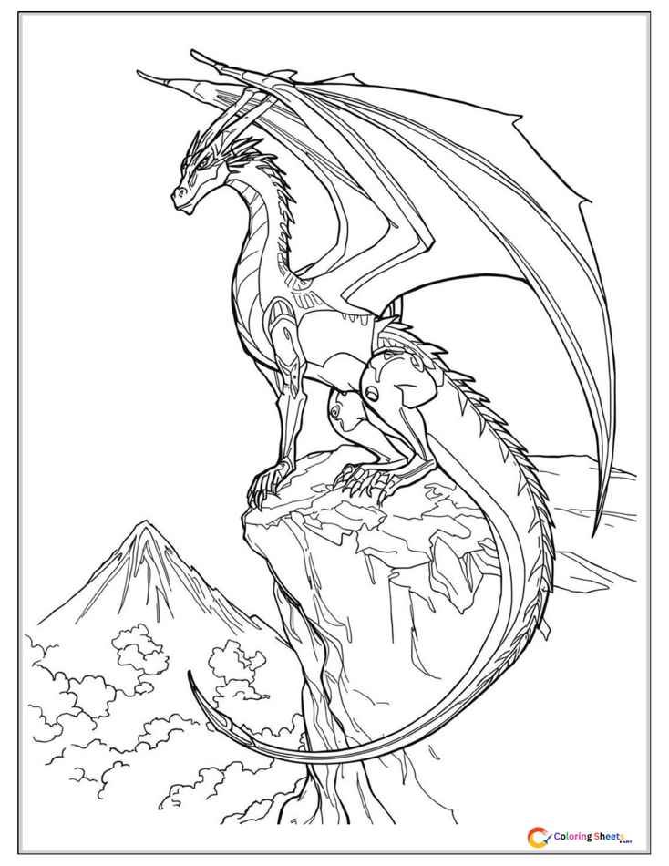 Wings of Fire inspired SkyWing dragon coloring page showing a sleek powerful dragon with large wings perched on a mountain cliff above the clouds