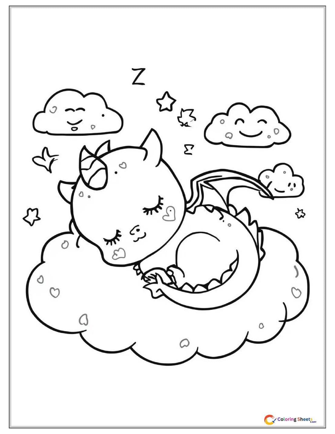 Cute coloring page of a tiny baby dragon sleeping curled up on a cloud with stars and ZZZ symbols floating around its head