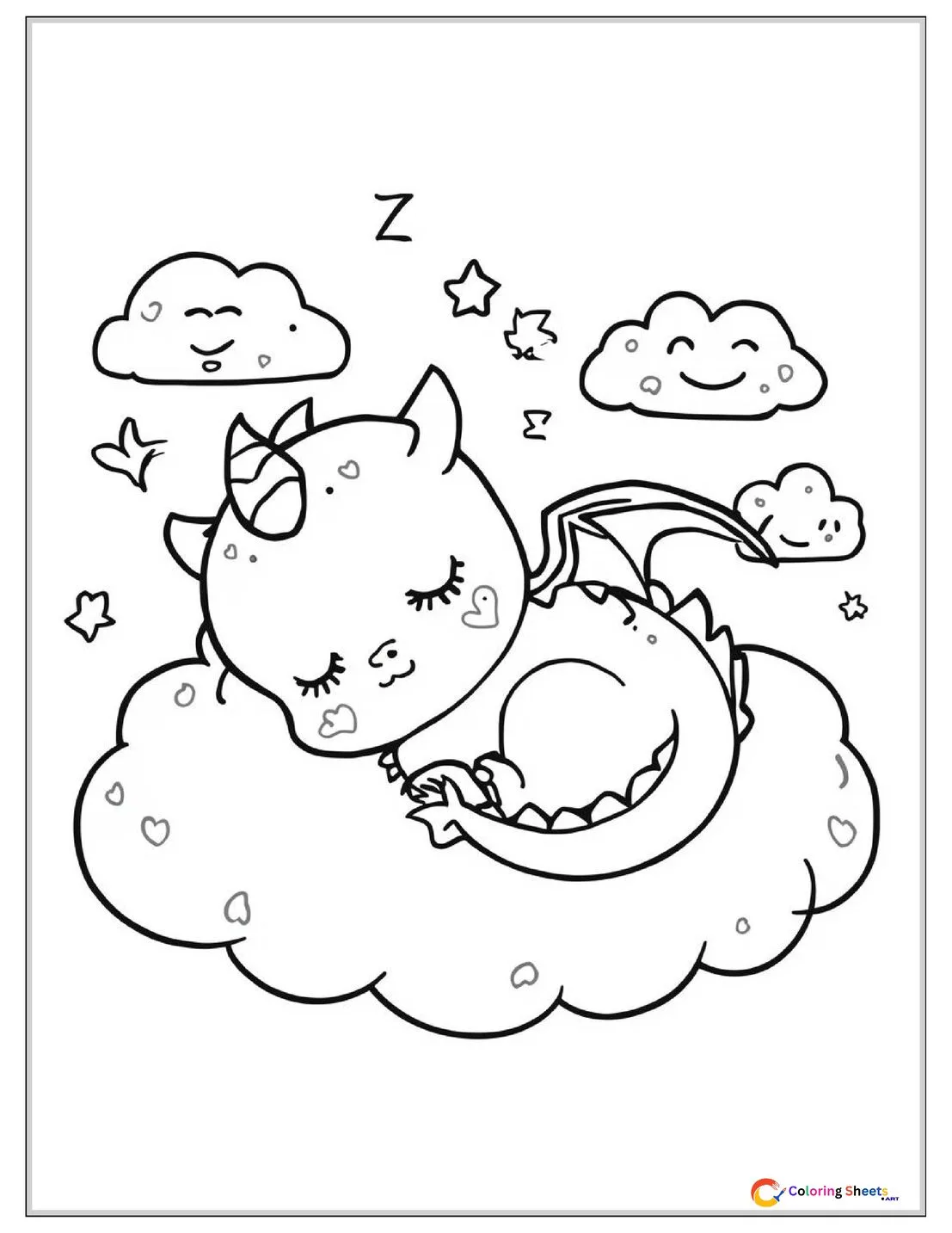 Cute coloring page of a tiny baby dragon sleeping curled up on a cloud with stars and ZZZ symbols floating around its head