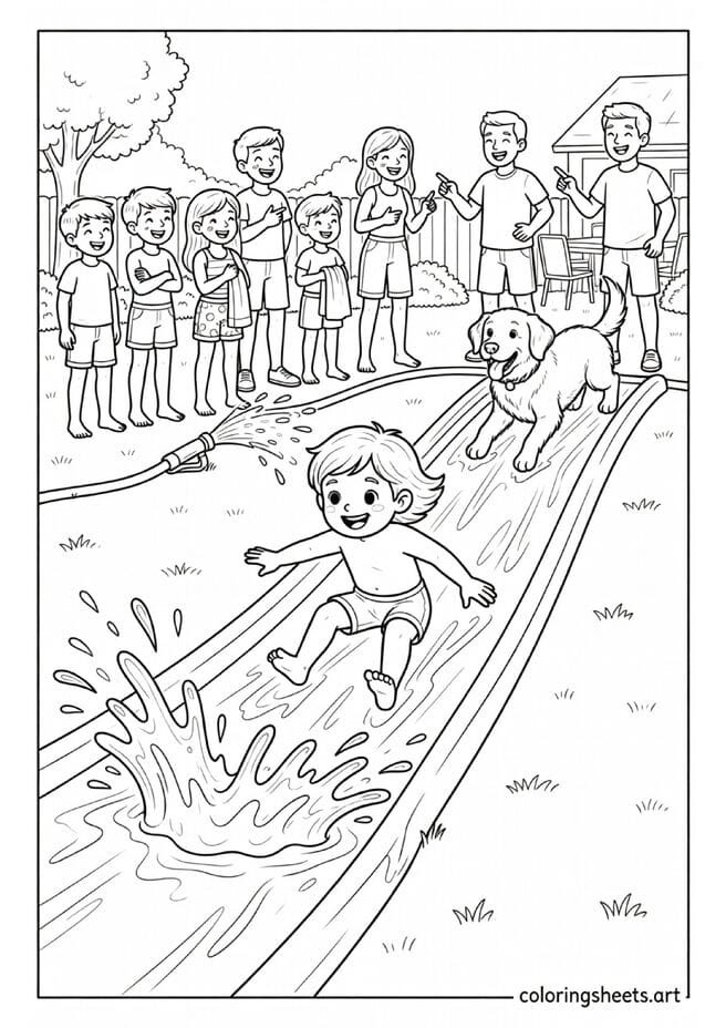 Kid sliding on Slip N Slide in American backyard with garden hose kids waiting in line and dog trying to use it summer coloring page — free printable PDF