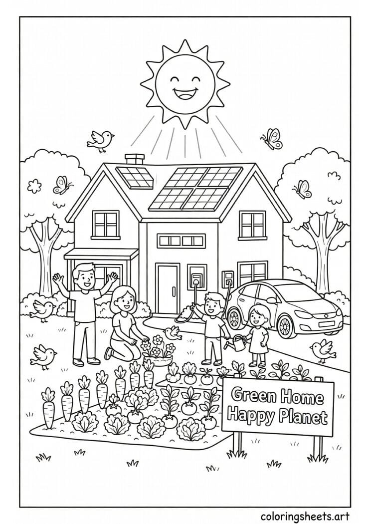 Family home with solar panels electric car vegetable garden and Green Home Happy Planet sign Earth Day coloring page — free printable PDF