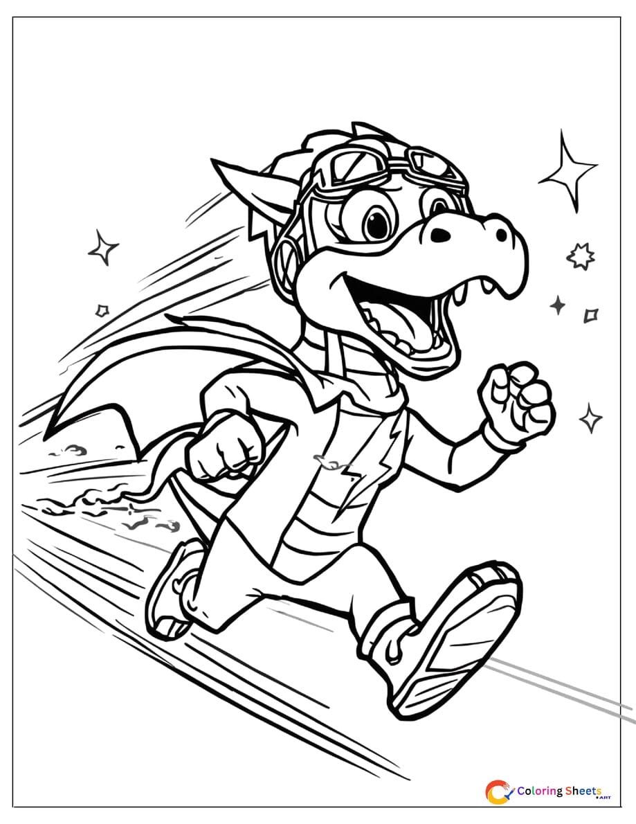 Cartoon speed superhero dragon coloring page running with lightning bolt costume and motion blur lines , free printable PDF for kids