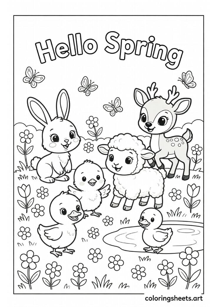 Spring baby animals group with bunny chick lamb duckling and deer fawn under Hello Spring banner coloring page for kids