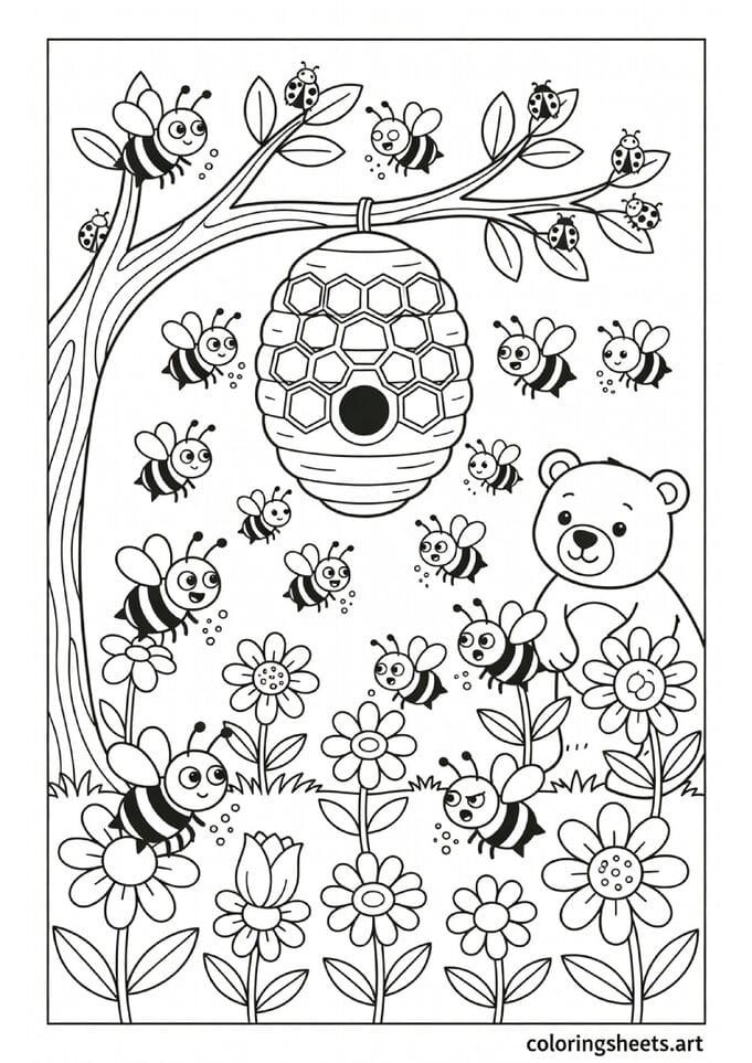 Busy spring beehive garden with bees collecting pollen flowers bear peeking and ladybugs coloring page for kids