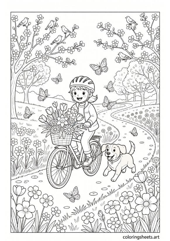 Child on spring bike ride with flower basket dog running alongside and cherry blossom trees lining path coloring page
