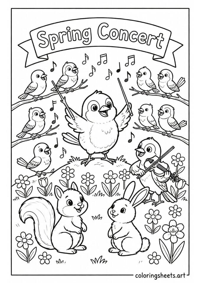 Funny cartoon birds spring concert with conductor singing birds violin player and squirrel rabbit audience coloring page for kids