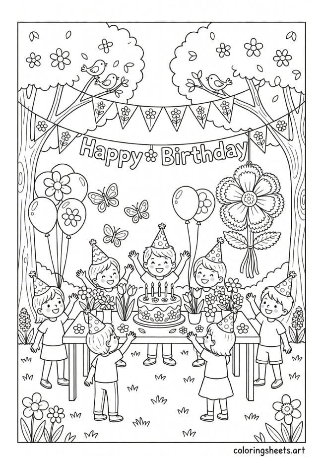 Outdoor spring birthday party with flower cake balloon piñata Happy Birthday banner and children in party hats coloring page