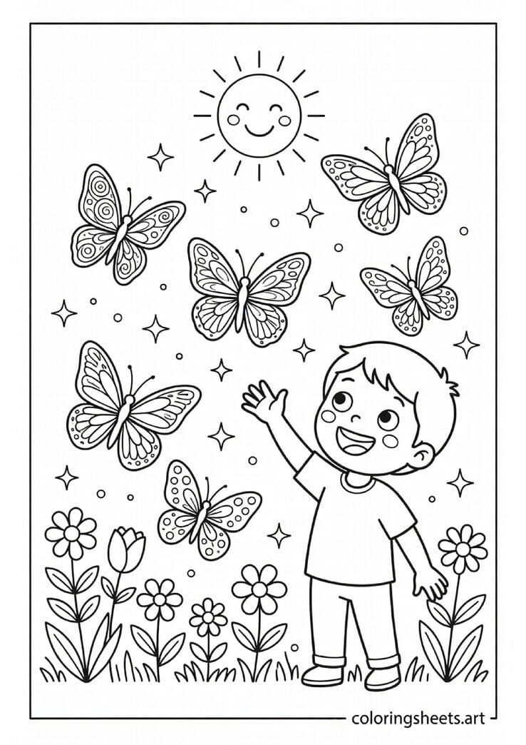 Five different butterflies flying in a spring garden with child reaching up and unique wing patterns coloring page for kids — free printable PDF