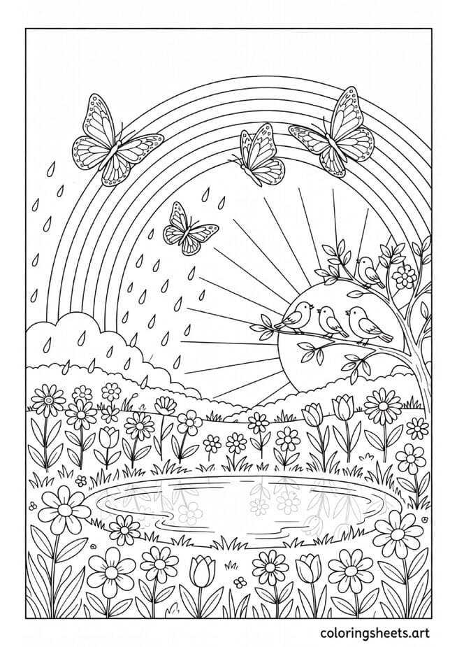 Three butterflies flying through a spring rainbow with flowers pond and birds coloring page for kids